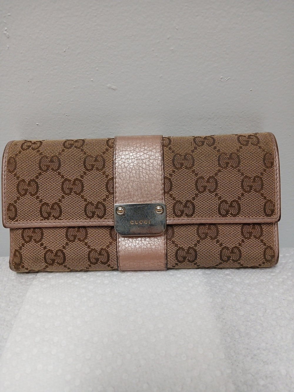 Gucci Brown Monogram Continental Wallet with Pink Trim